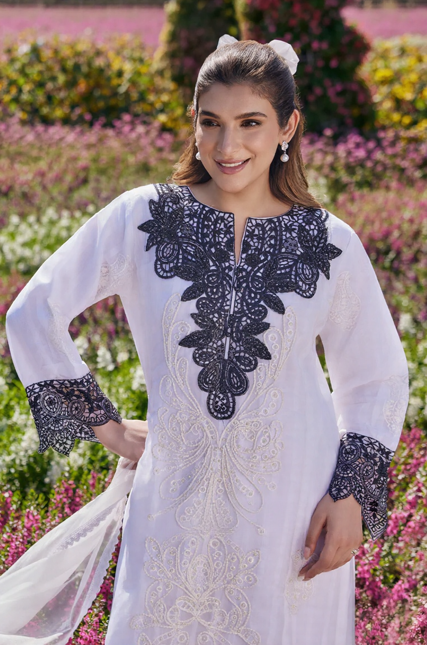 White & Black Embroidered Kurta Pant Set with Dupatta