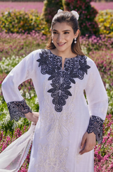 White & Black Embroidered Kurta Pant Set with Dupatta