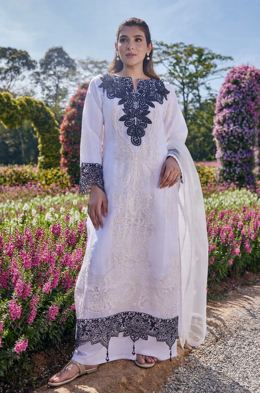 White & Black Embroidered Kurta Pant Set with Dupatta