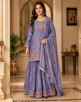Smoky Lilac Floral Embroidered Festive Ensemble