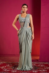 Silver Sage Draped Saree Gown – Modern Glamour with Timeless Indian Grace