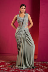 Silver Sage Draped Saree Gown – Modern Glamour with Timeless Indian Grace