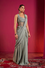 Silver Sage Draped Saree Gown – Modern Glamour with Timeless Indian Grace