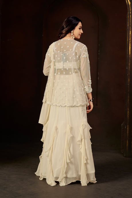 Ivory Ruffle Layered Georgette Lehenga Set with Embroidered Sheer Cape & Draped Corset Blouse – Minimalist Luxe Couture