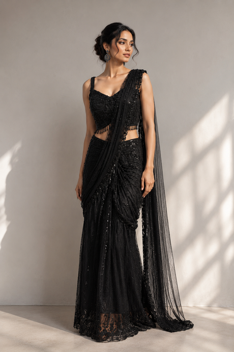 Black draped skirt set with a crystal-worked cropped blouse and shoulder drape