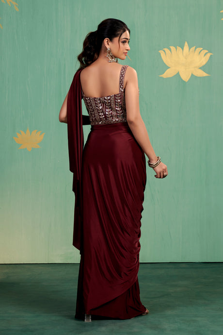 Wine Mirror Embroidered Saree Gown – Luxe Drape with Contemporary Charm