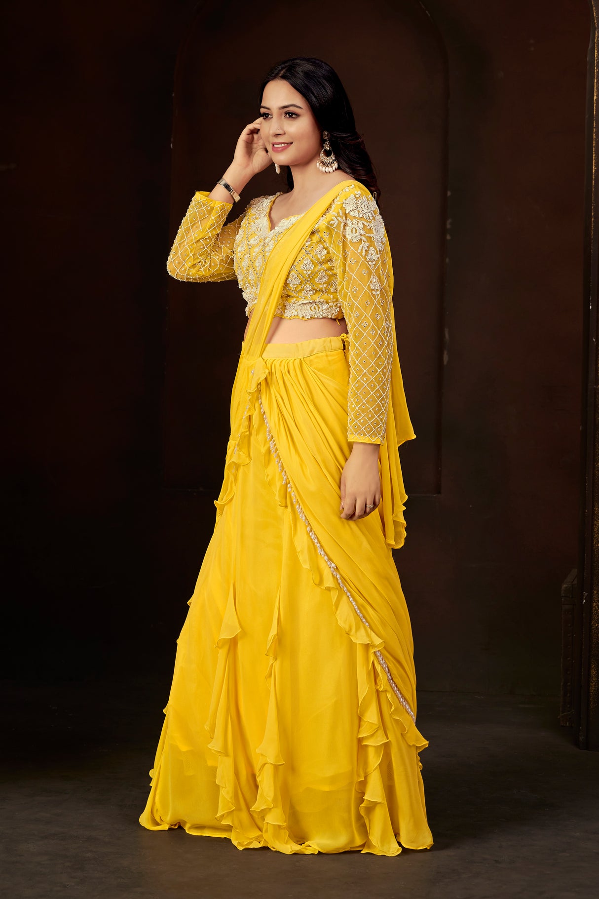 Radiant Yellow Embroidered Full-Sleeve Blouse & Cascading Ruffle Skirt Set