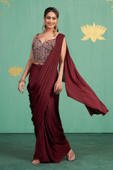Wine Mirror Embroidered Saree Gown – Luxe Drape with Contemporary Charm