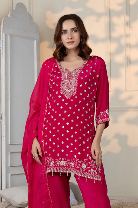 Hot Pink Embroidered Kurta Pant Set with Dupatta