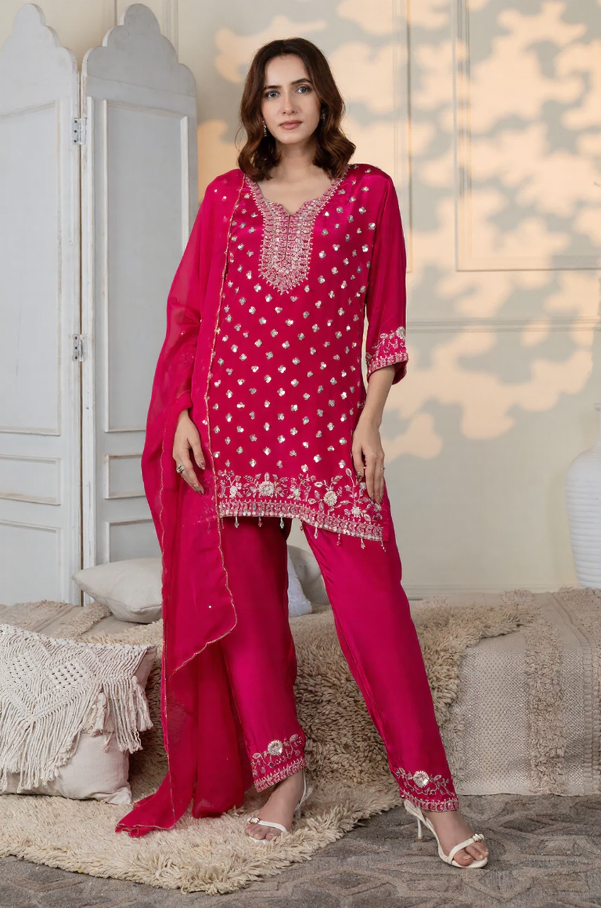 Hot Pink Embroidered Kurta Pant Set with Dupatta