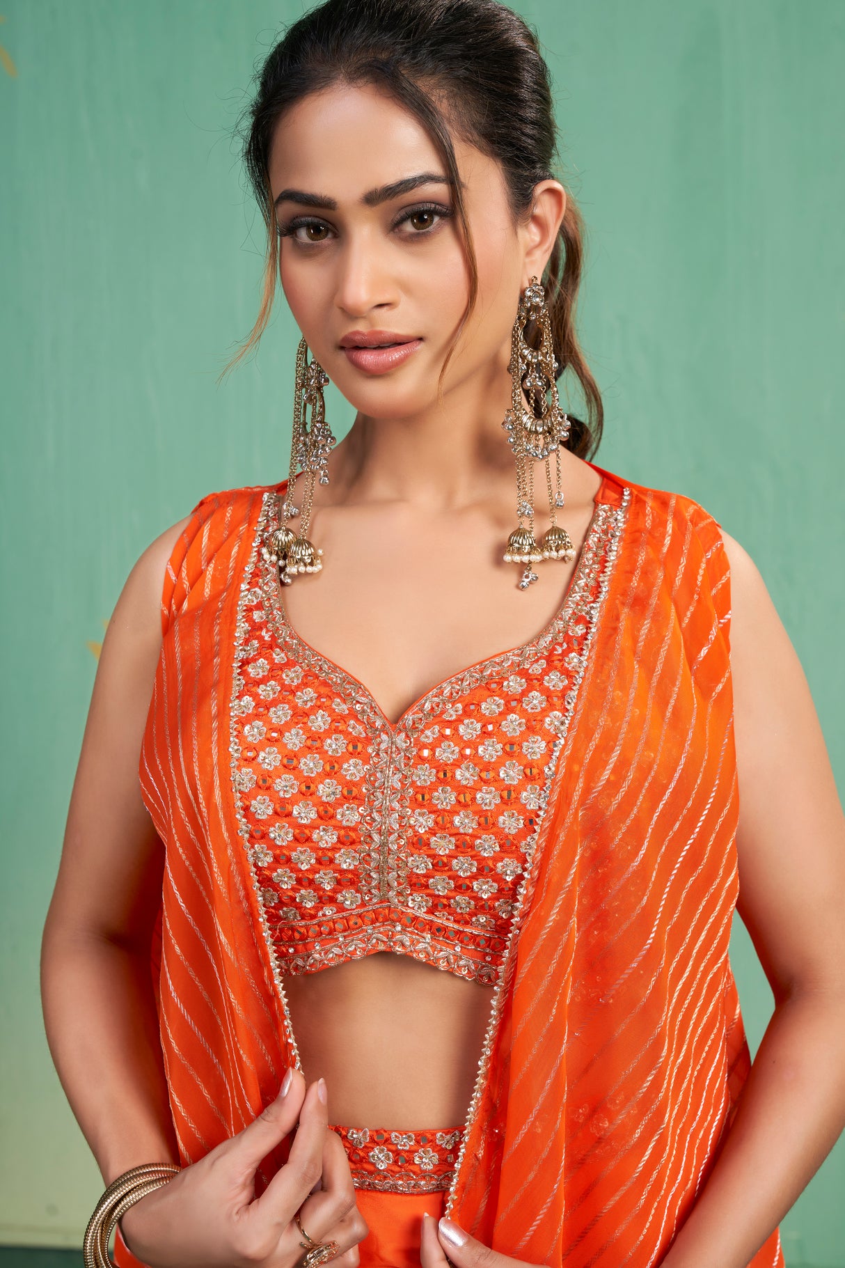 Tangerine Mirror Embroidered Lehenga Skirt Set – Vibrant Fusion of Energy and Elegance