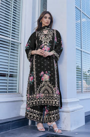 Black suit set with floral embroidery across the kurta and dupatta