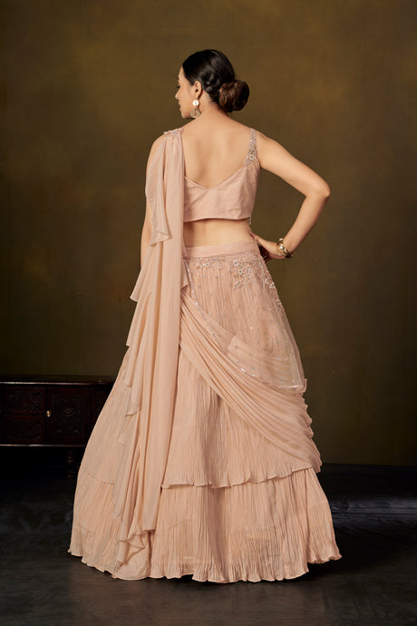 Blush Pink Embellished Crop Top & Ruffle Tiered Lehenga Set