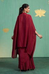 Deep Maroon Embroidered Draped Saree Set – Elegant Luxury with Modern Indian Sensibility