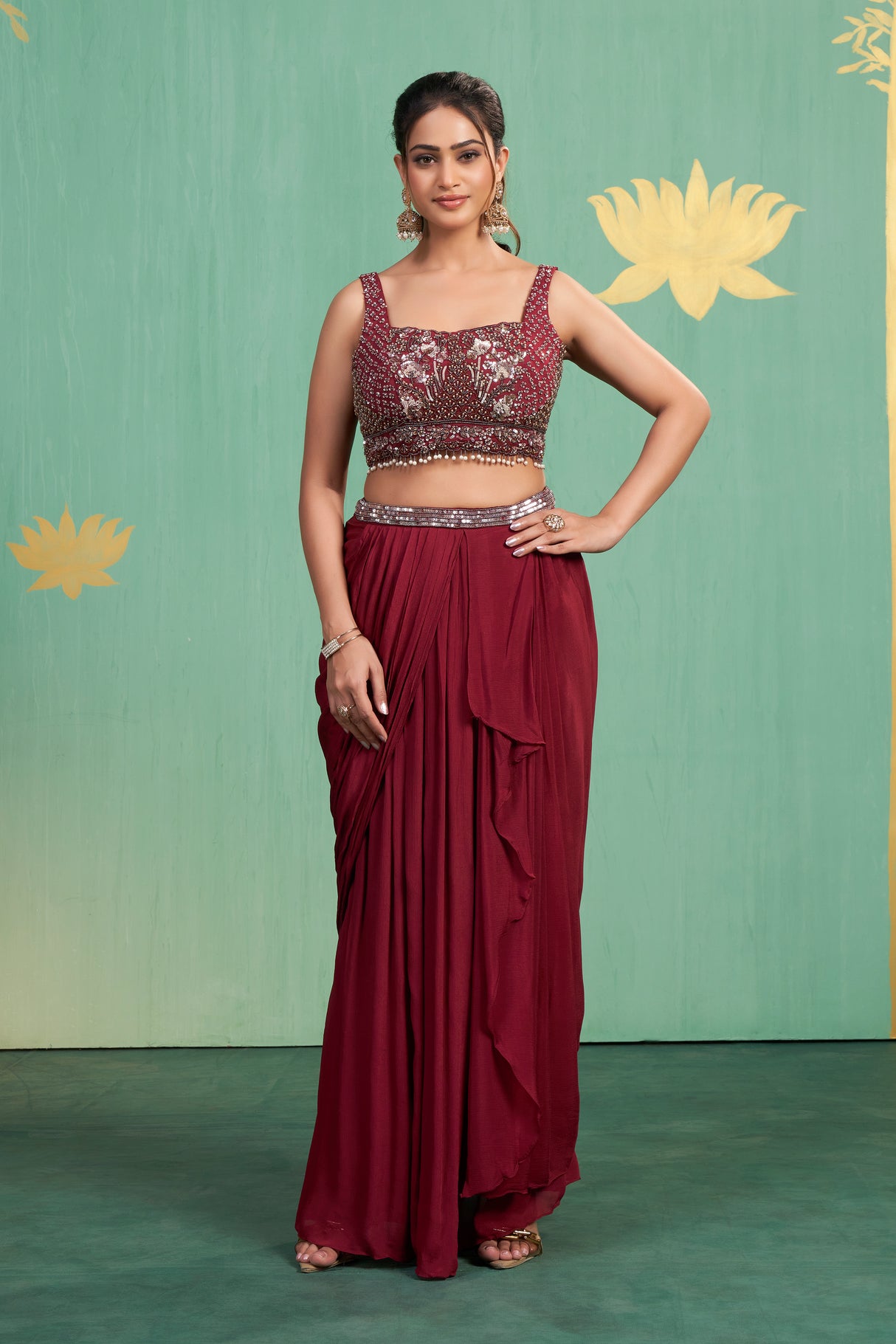 Deep Maroon Embroidered Draped Saree Set – Elegant Luxury with Modern Indian Sensibility