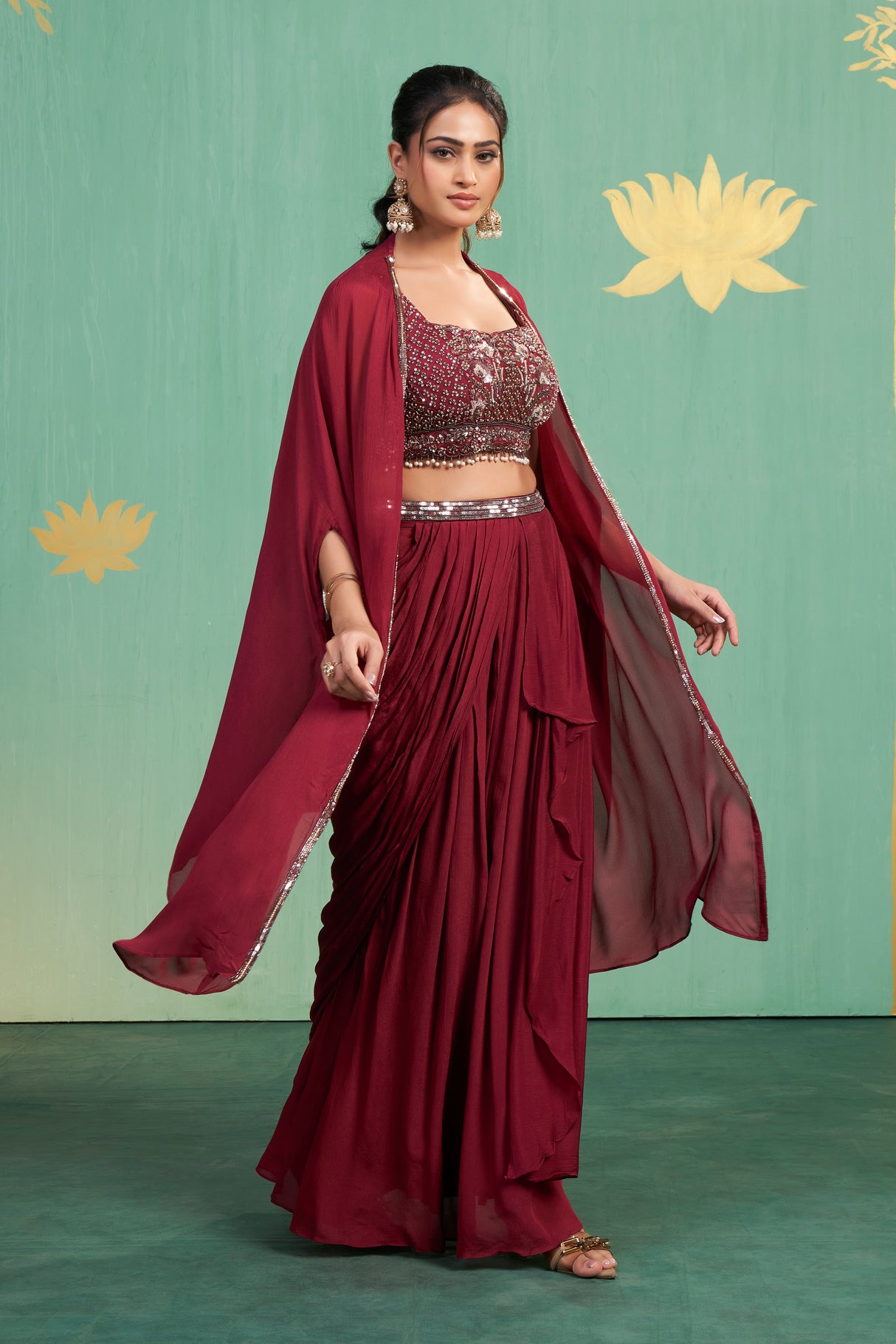 Deep Maroon Embroidered Draped Saree Set – Elegant Luxury with Modern Indian Sensibility