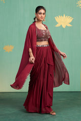 Deep Maroon Embroidered Draped Saree Set – Elegant Luxury with Modern Indian Sensibility