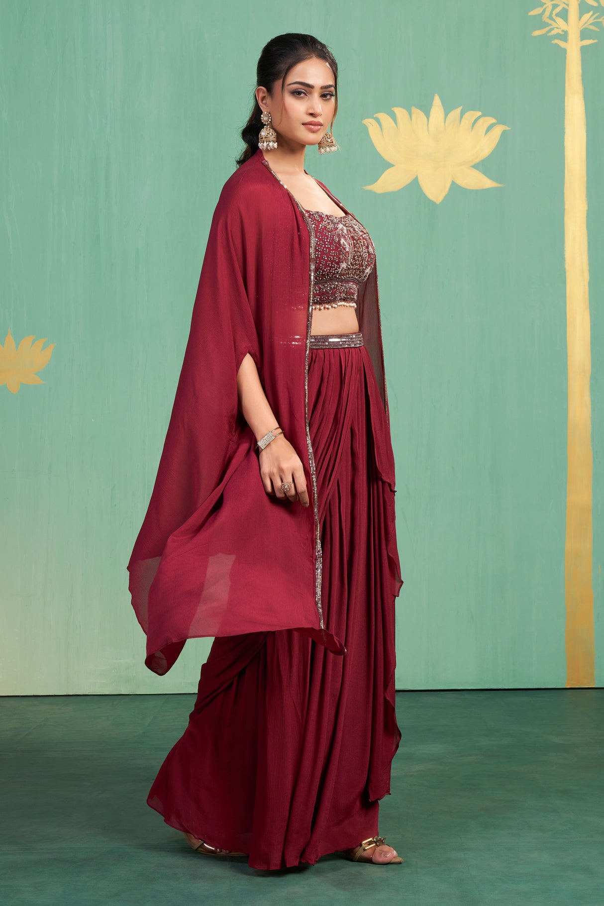 Deep Maroon Embroidered Draped Saree Set – Elegant Luxury with Modern Indian Sensibility