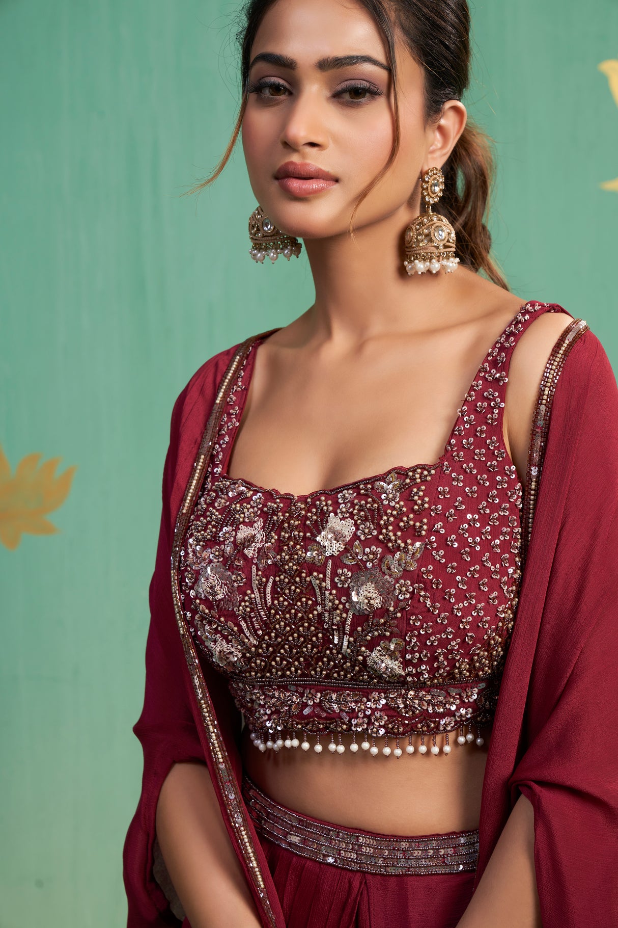 Deep Maroon Embroidered Draped Saree Set – Elegant Luxury with Modern Indian Sensibility