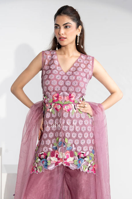 Mauve Hand-Crafted Gown with Floral Waistcoat | Label S4U
