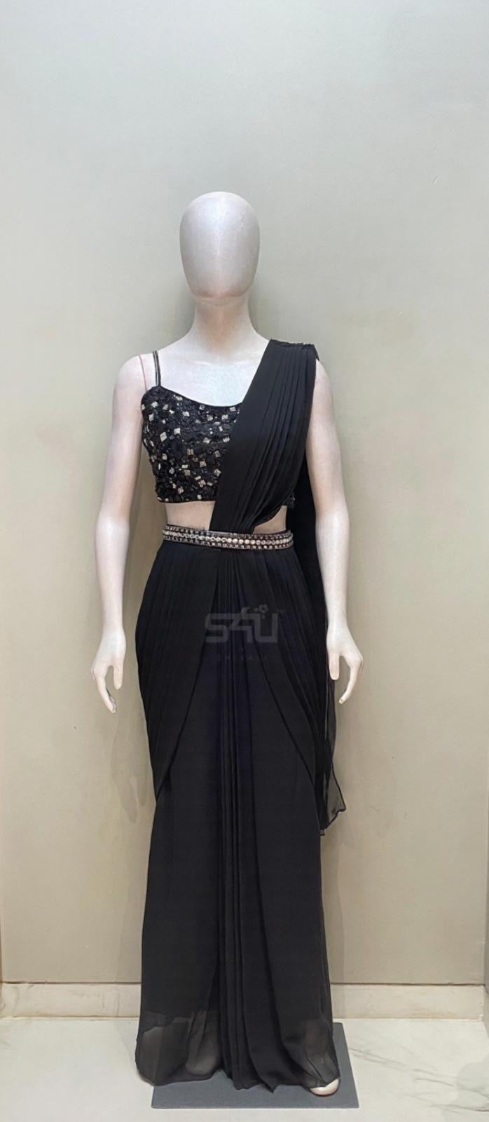 Black Pre-Draped Saree Set | Label S4U