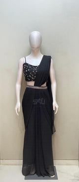Black Pre-Draped Saree Set | Label S4U