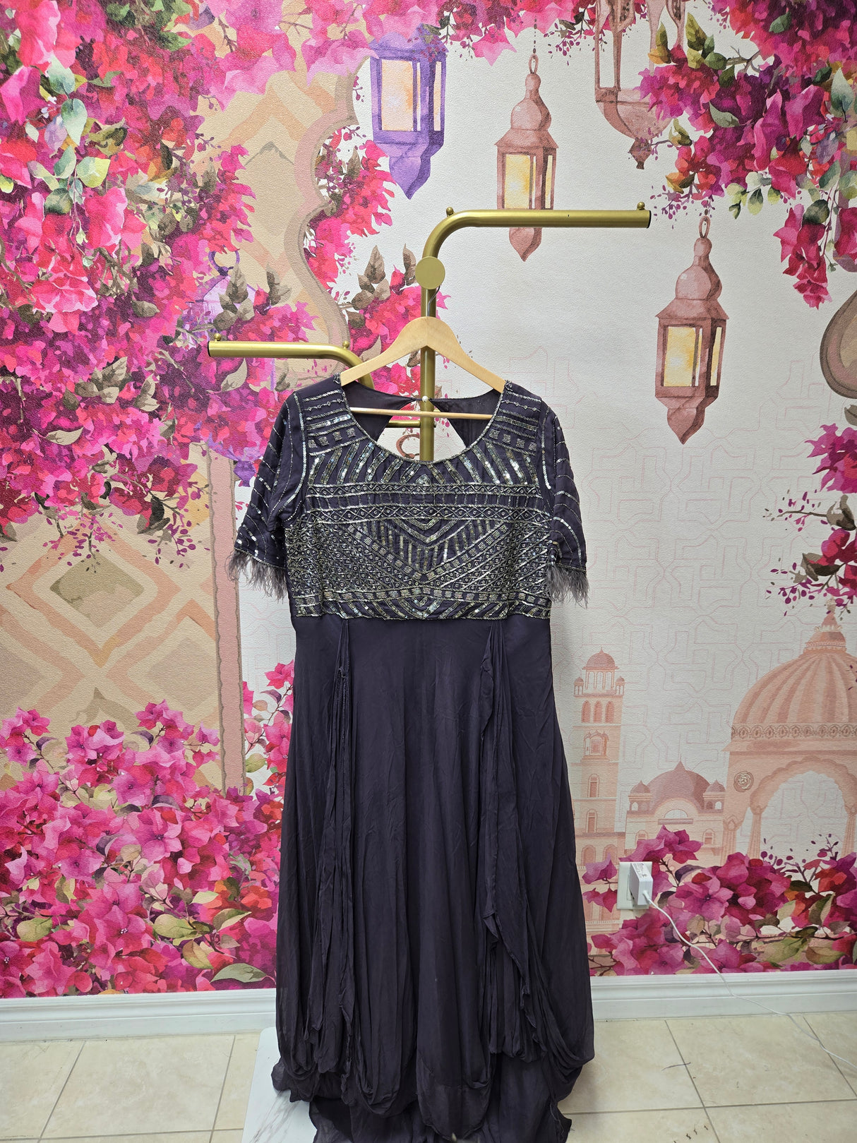 Charcoal Black Drape Gown with Handcrafted Bodice
