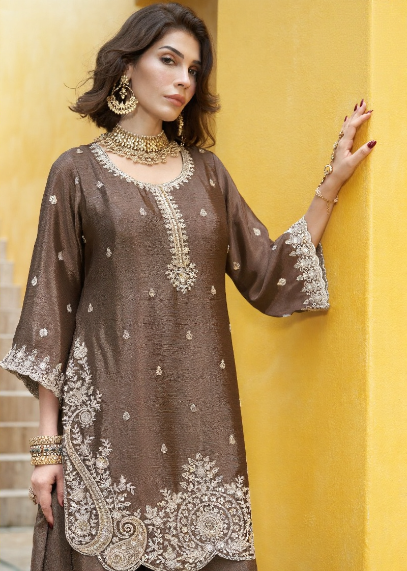 Mocha Noor Embroidered Sharara Ensemble