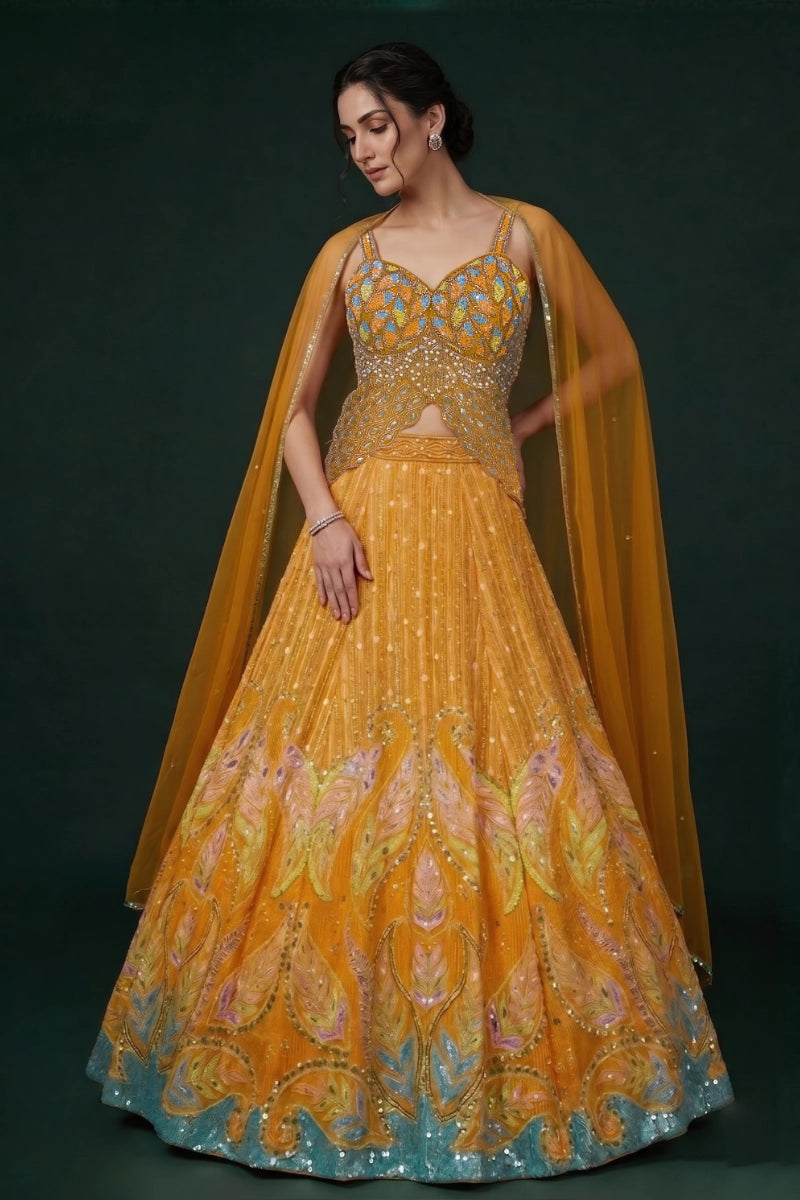 Marigold Mirror Embroidered Lehenga Couture Ensemble