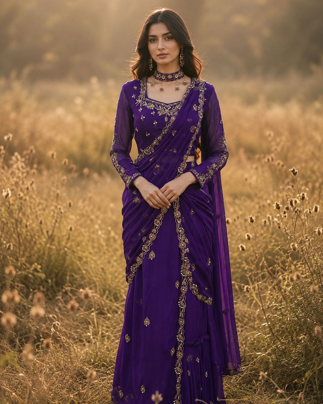 Royal Purple Gold Draped Saree Ensemble
