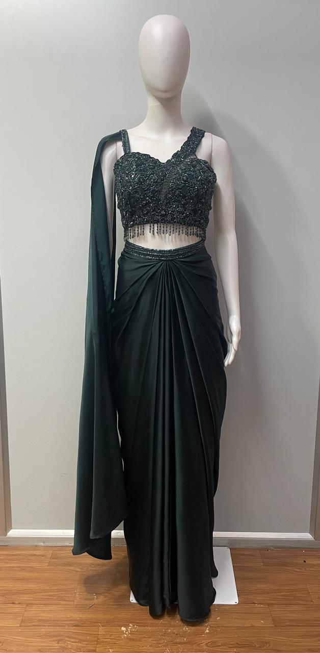 Bottle Green Crystal Draped Skirt Set