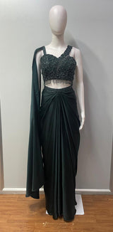 Bottle Green Crystal Draped Skirt Set