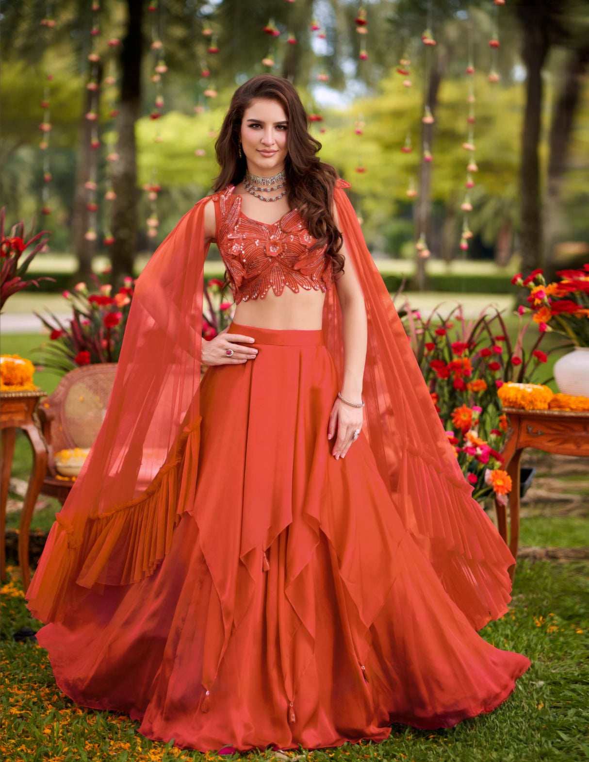 Sunset Ember Flowing Skirt Couture Set
