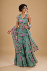Sea Green Floral Peplum Sharara Ensemble