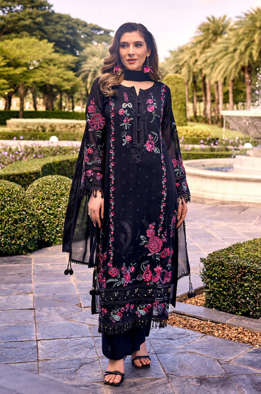 Midnight Black Floral Embroidered Lawn Suit