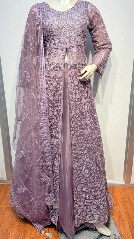 Lavender Mauve Embroidered Front Open Gown