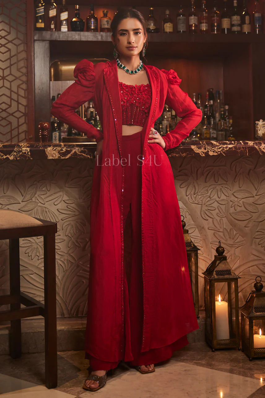 Crimson Rose Embellished Cape Sharara Set