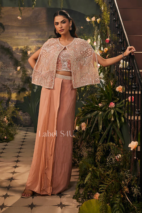 Blush Embellished Cape Drape Skirt Ensemble