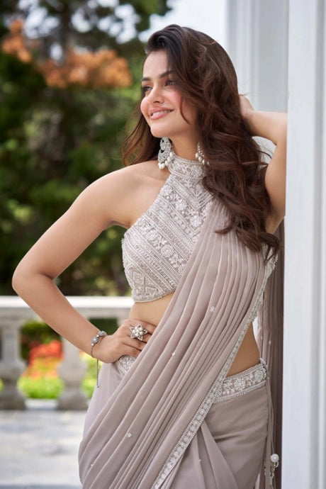 Taupe Drape Embellished Saree Set
