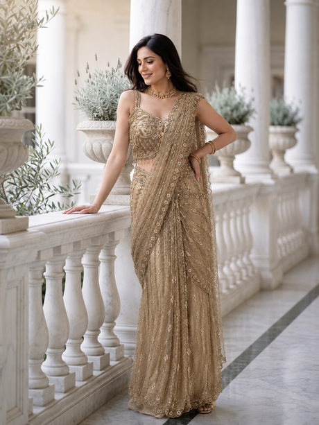 Champagne taupe draped skirt set with a crystal-worked blouse and shoulder drape