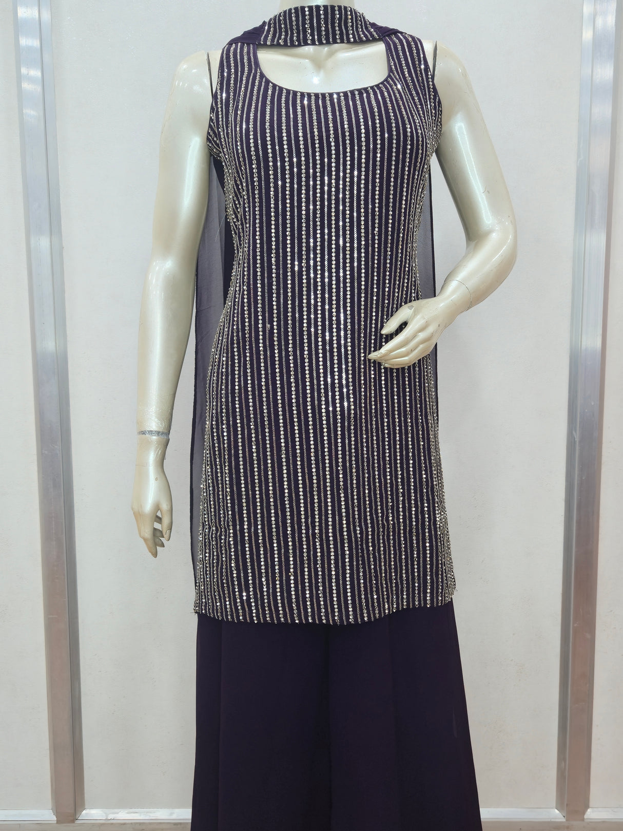 Midnight Purple Sequin Sharara Set – Designer Sleeveless Kurta with Dupatta