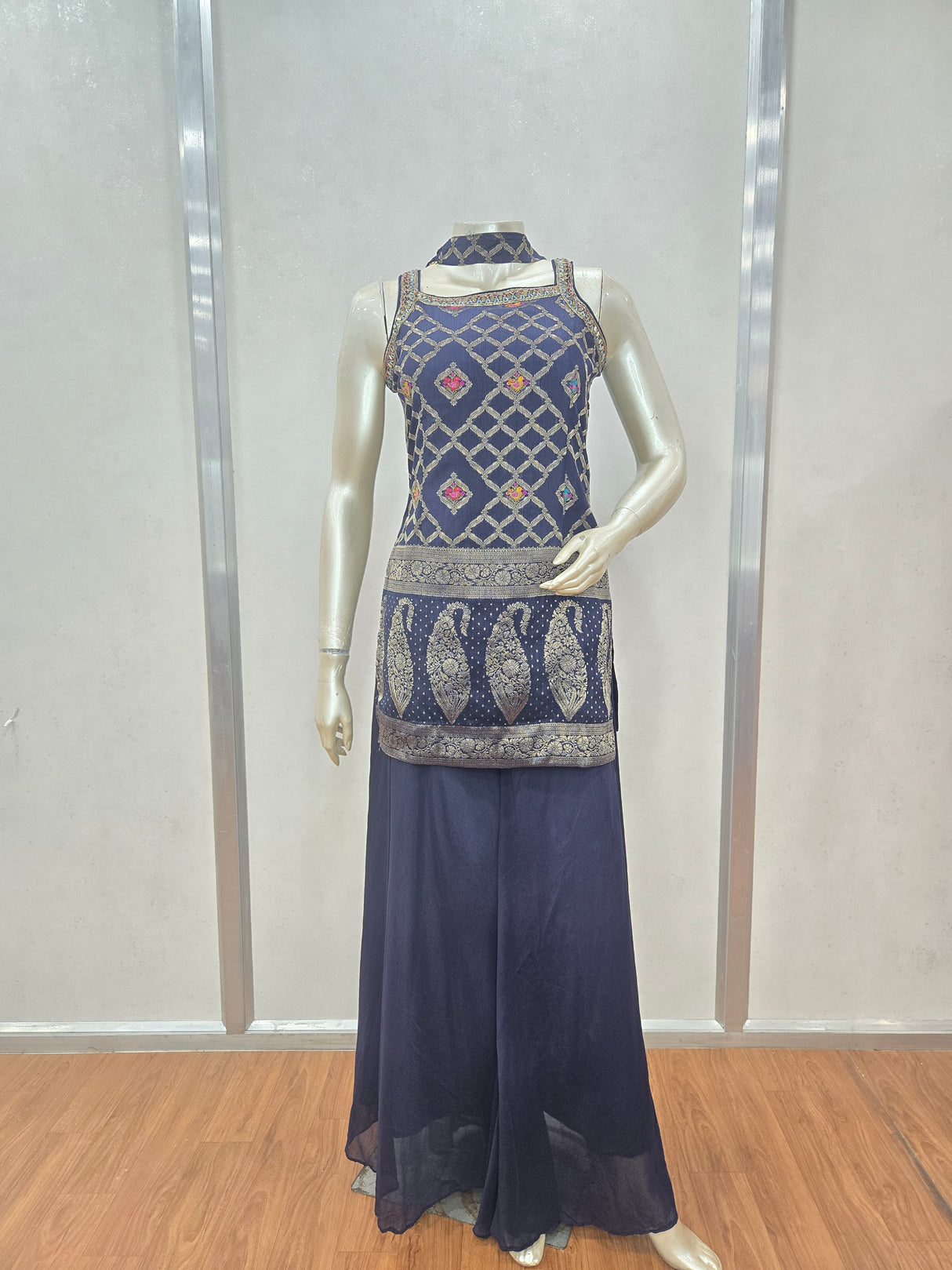 Navy Blue Embroidered Sharara Set – Halter Neck Kurti with Flared Pants
