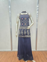 Navy Blue Embroidered Sharara Set – Halter Neck Kurti with Flared Pants