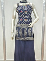 Navy Blue Embroidered Sharara Set – Halter Neck Kurti with Flared Pants