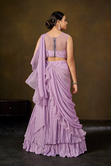 Lavender Embellished Crop Top with Ruffled Saree Skirt & Pre-Draped Pallu