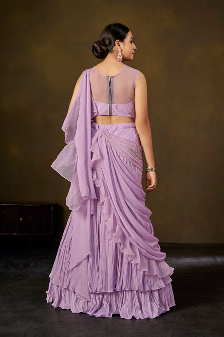 Lavender Embellished Crop Top with Ruffled Saree Skirt & Pre-Draped Pallu