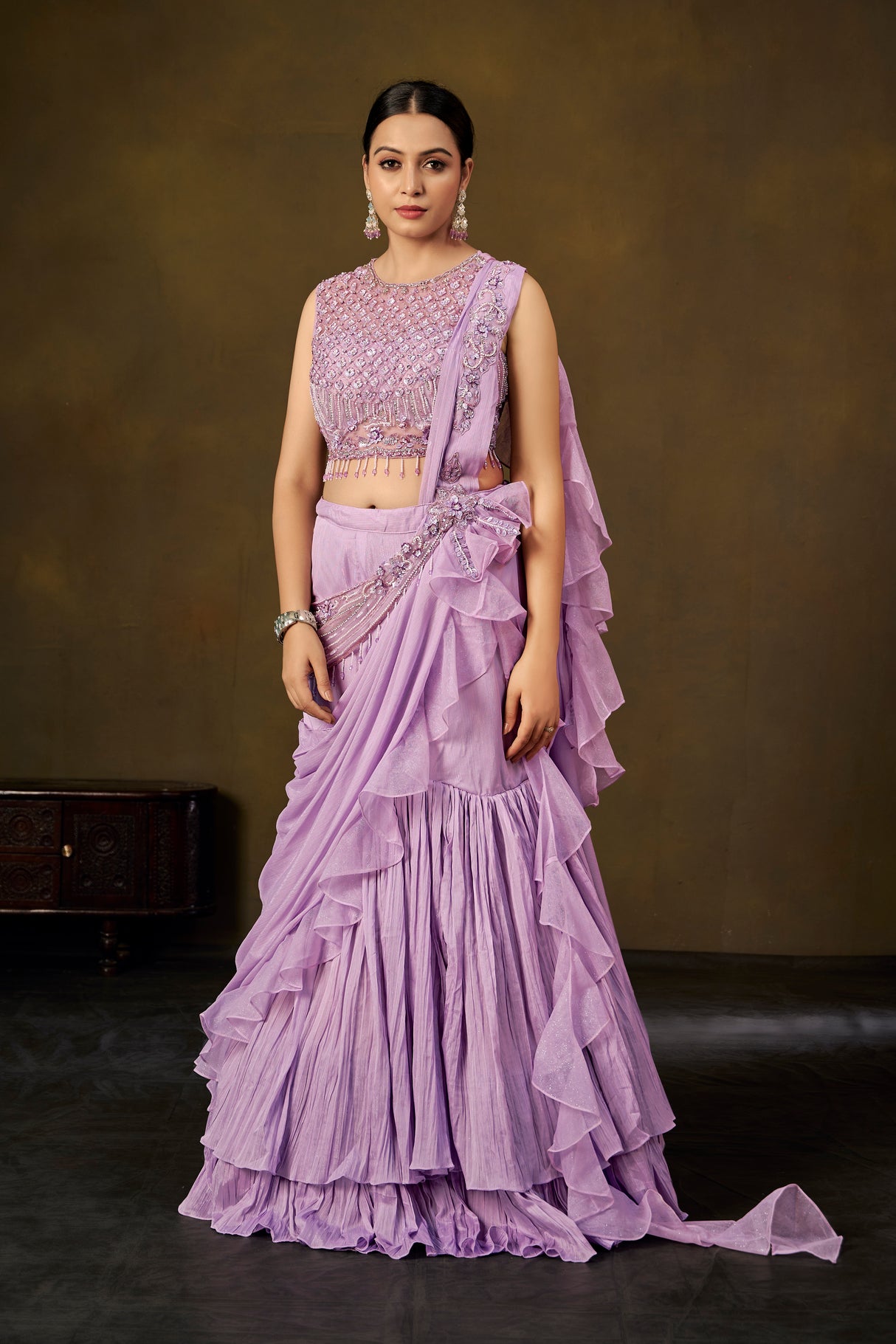 Lavender Embellished Crop Top with Ruffled Saree Skirt & Pre-Draped Pallu
