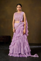 Lavender Embellished Crop Top with Ruffled Saree Skirt & Pre-Draped Pallu
