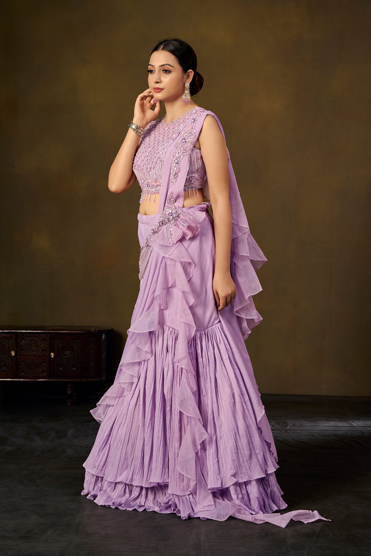 Lavender Embellished Crop Top with Ruffled Saree Skirt & Pre-Draped Pallu