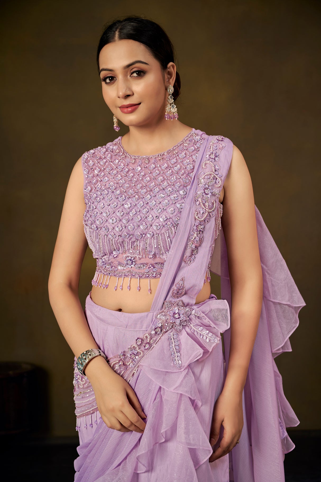 Lavender Embellished Crop Top with Ruffled Saree Skirt & Pre-Draped Pallu